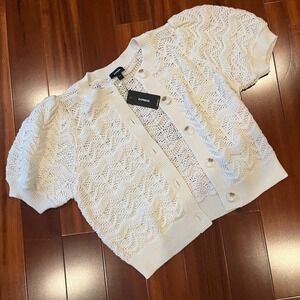 Ivory White Cardigan Sweater Short Sleeve Express Knit Puff Sleeve New Sz Small